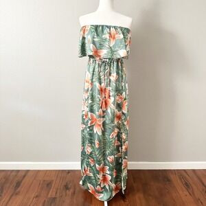 Akira Strapless Green Tropical Floral Flowy Slit Maxi Dress women's size medium